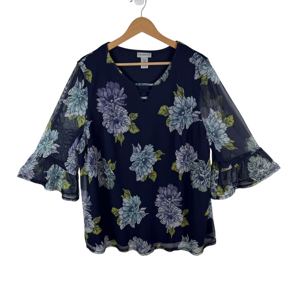 Catherines Navy Floral Mesh Overlay Bell Sleeve Blouse Size 2X Stretch Comfy